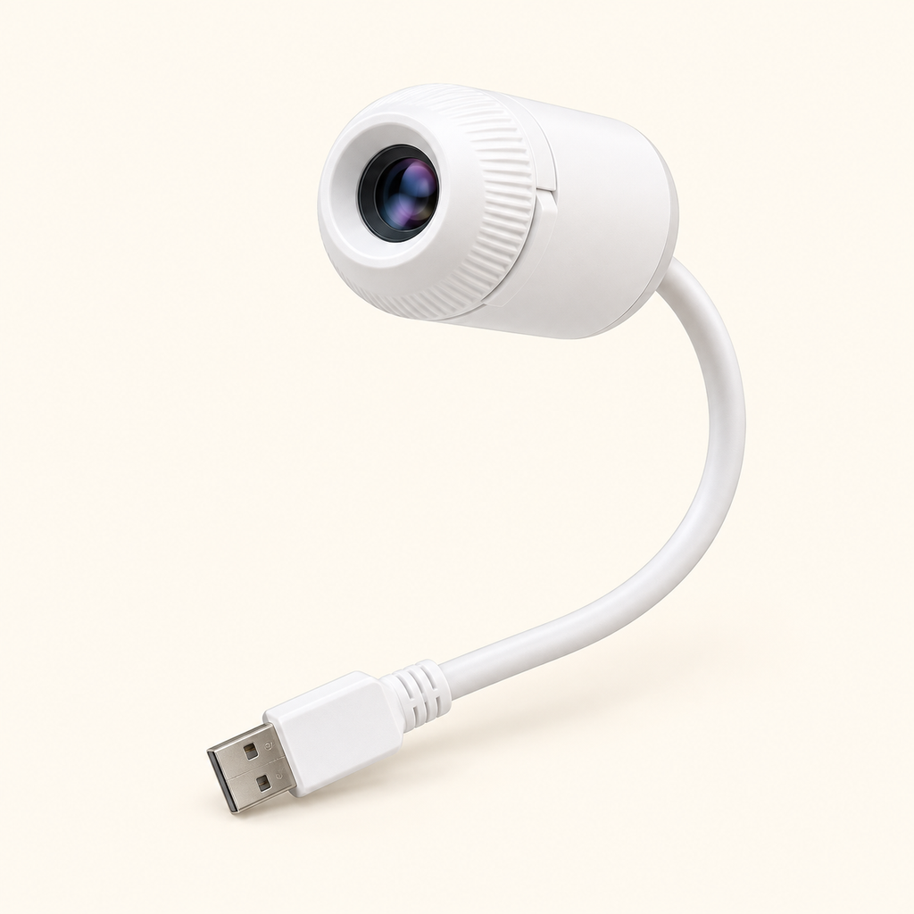 White USB projector with flexible neck, circular lens and USB-A connector