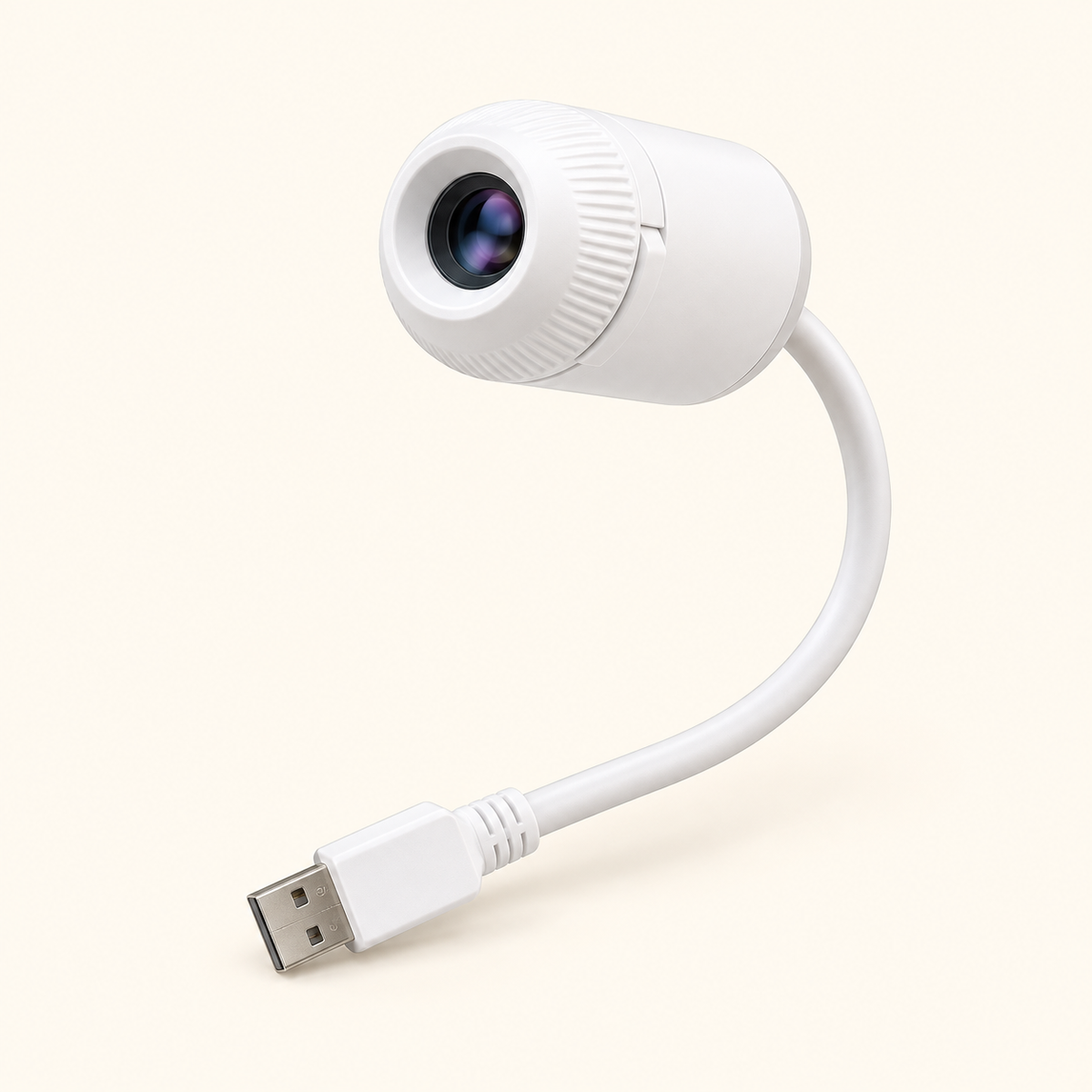 White USB projector with flexible neck, circular lens and USB-A connector