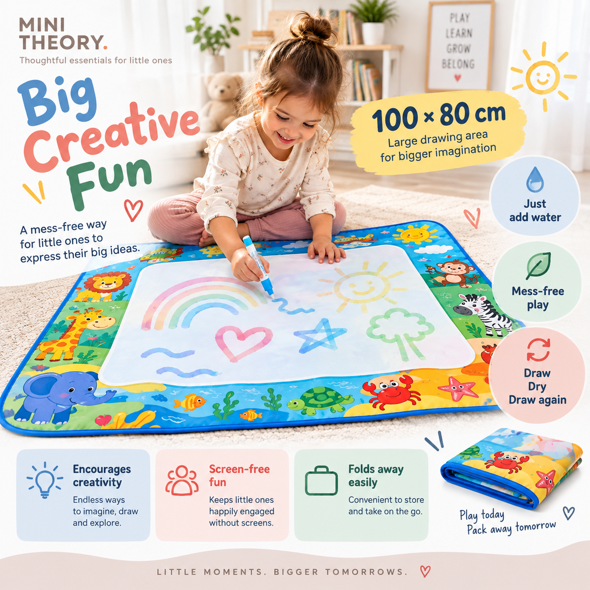 Mini Theory water doodle mat features and 100 x 80 cm size