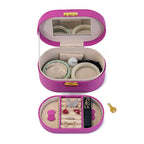 Purple oval jewellery case open with two storage levels