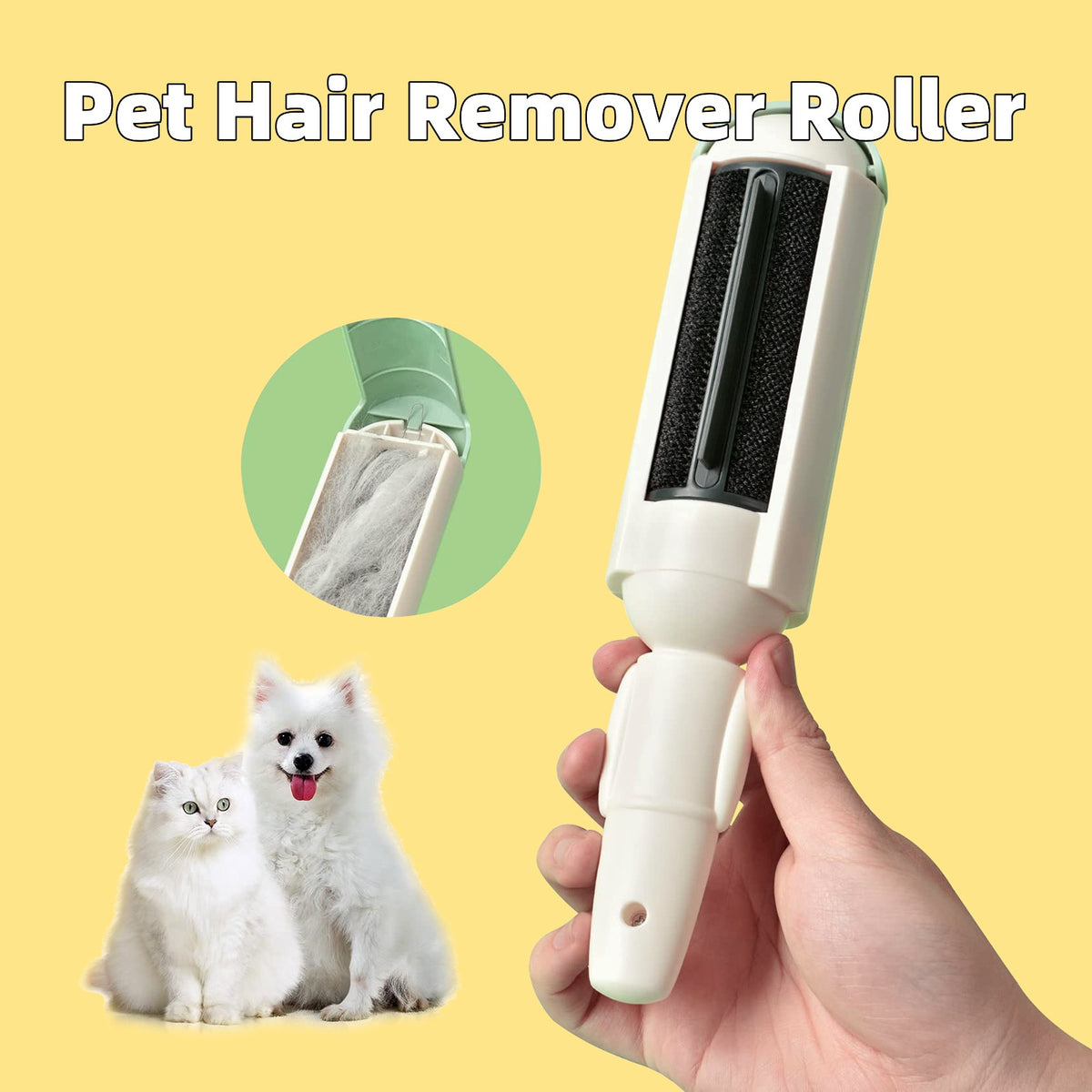 Mint pet hair remover roller with self-cleaning chamber