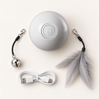Grey rechargeable LED rolling cat toy and included attachments