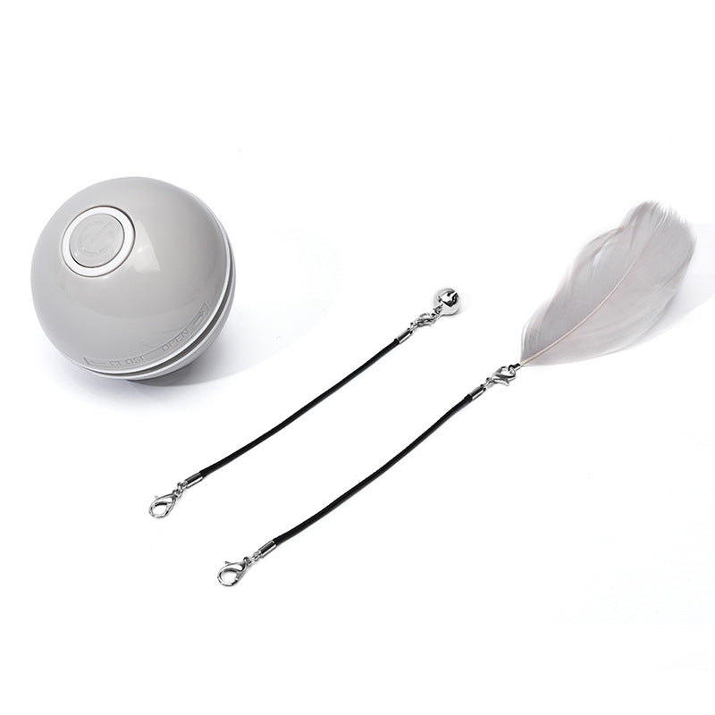 Grey rechargeable LED rolling cat toy with coloured attachments