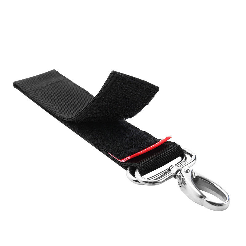 Close-up of the hook strap fastening open and closed