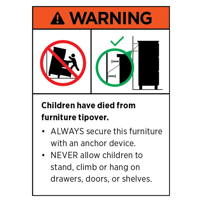 Furniture tipping warning: always anchor furniture and never allow climbing